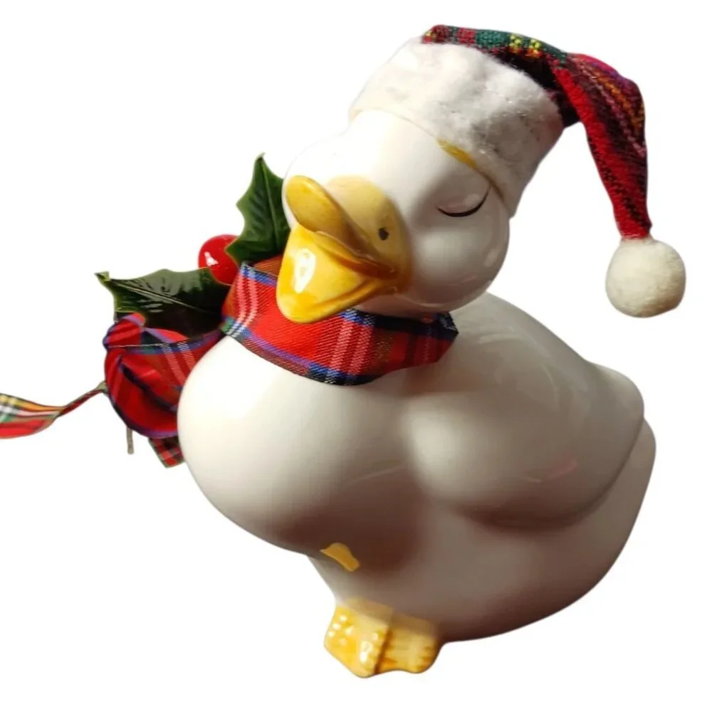 Vintage Holiday Ceramic Duck Figurine W/ Hat & Plaid Scarf White/Yellow 7